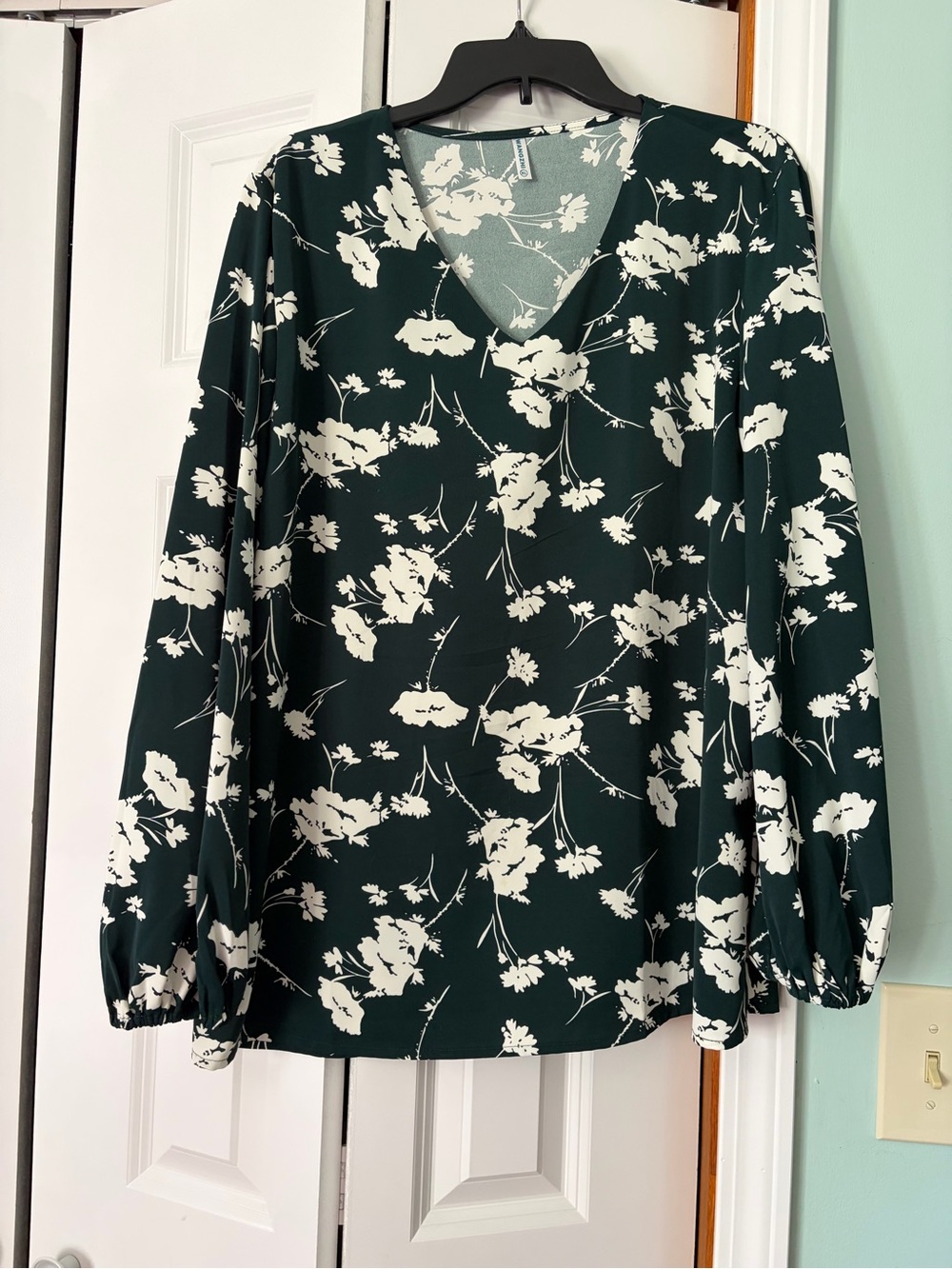 Women's Dark Green Floral V-Neck Blouse